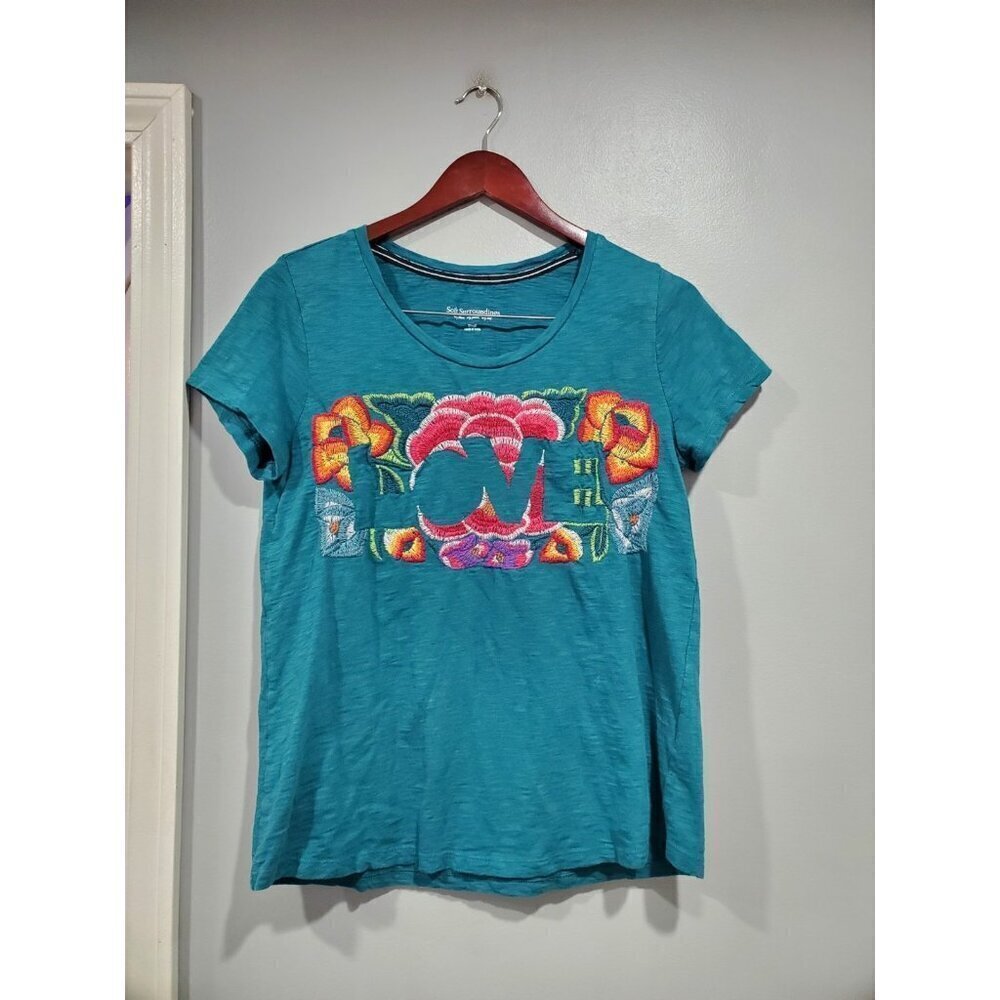 Soft Surroundings Womens Embroidered Floral Teal Color Love Graphic T-Shirt Sz S